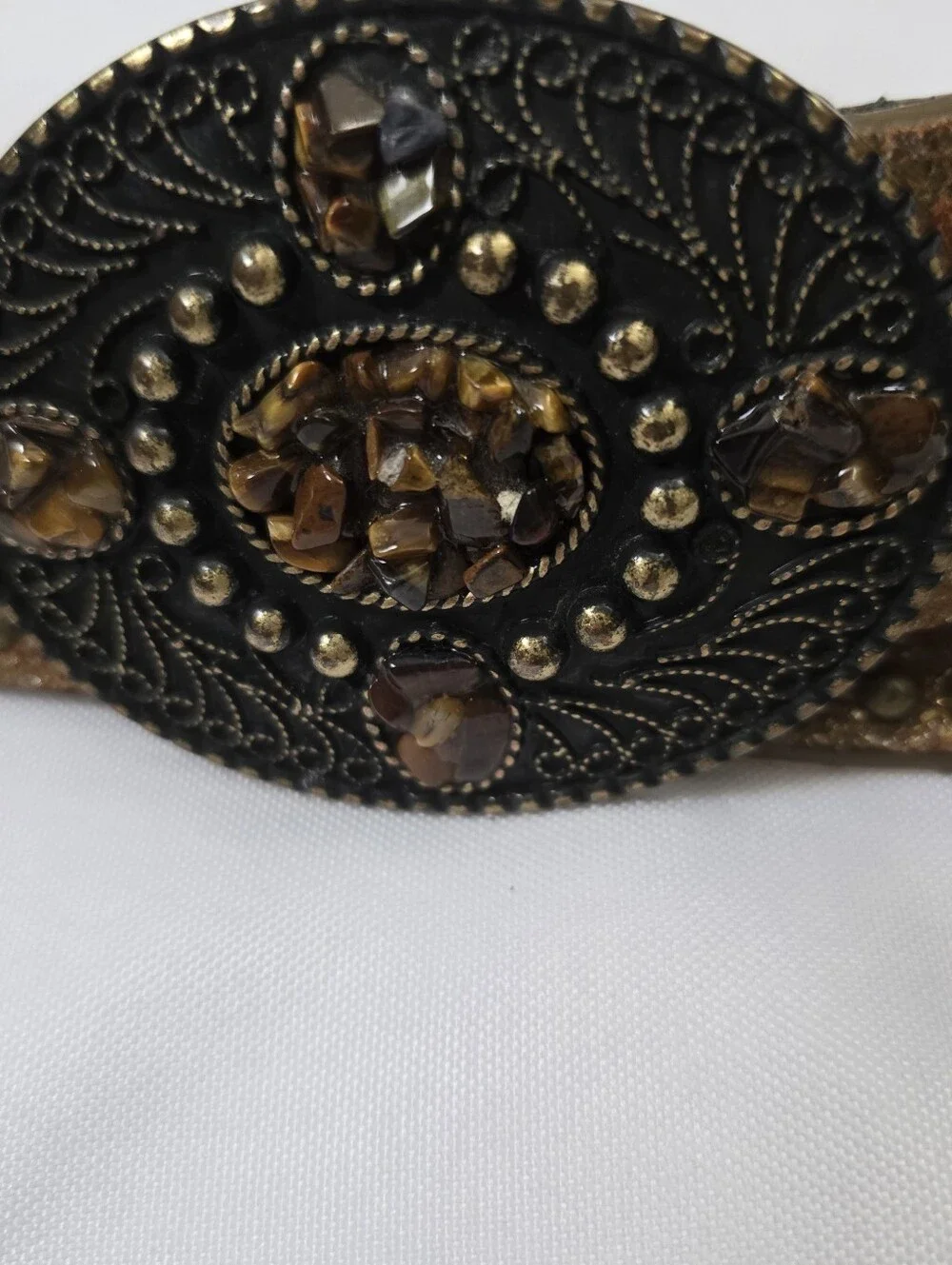 Western Cowgirl Leather Belt 39” Studded Rhinestone Statement Buckle Rodeo Boho